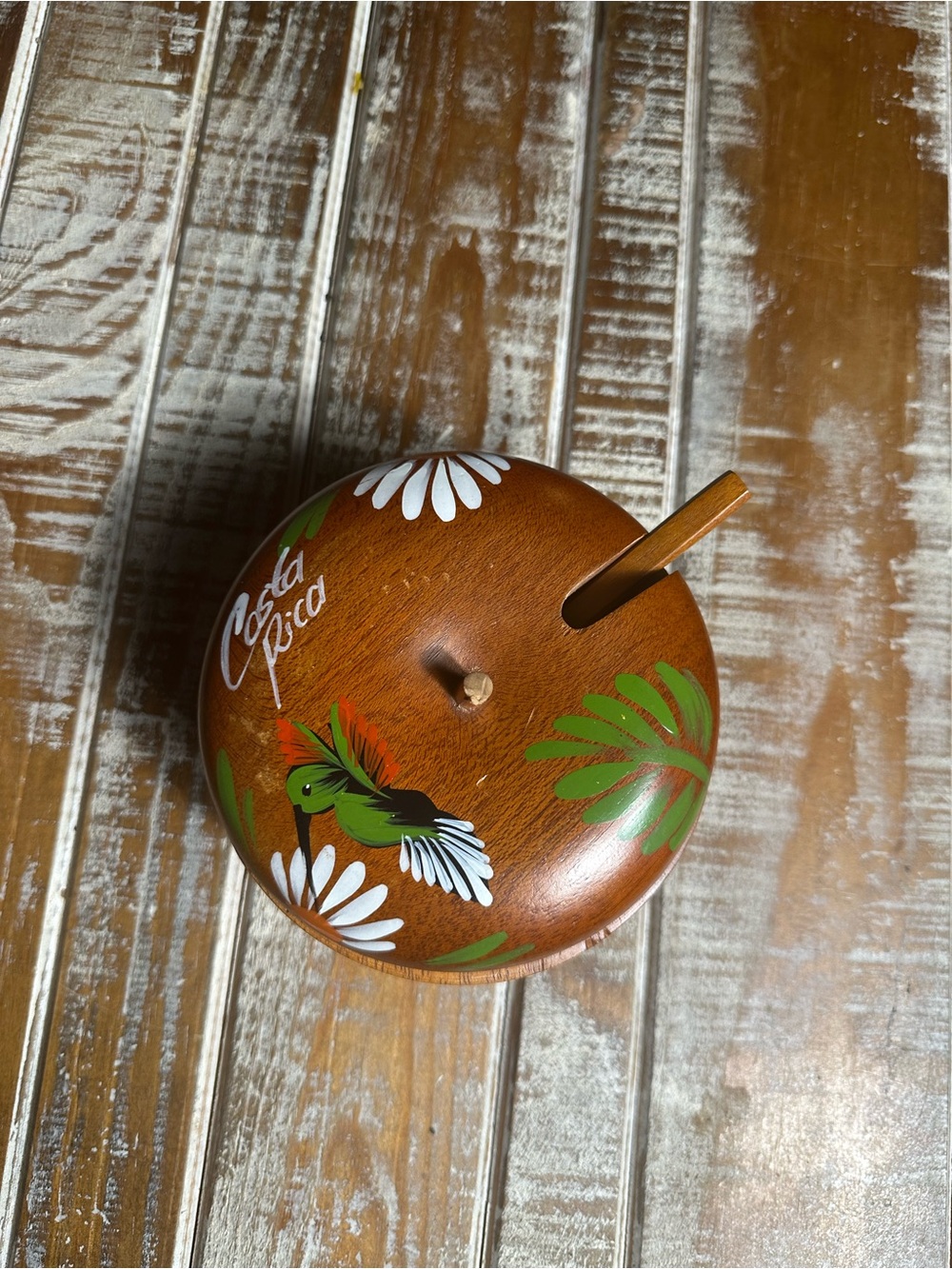 Hand-Painted Wooden Trinket Box with Spoon - Brown & Green Costa Rica